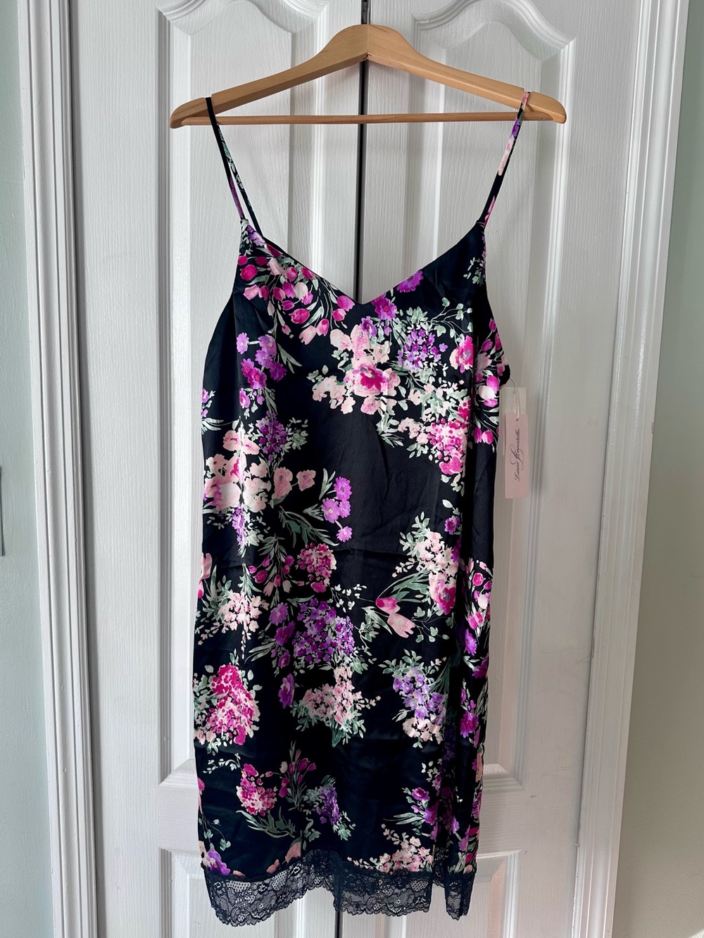 Linea Donatella Nightgown Slip Dress Black Floral Satin Lace Trim Medium
